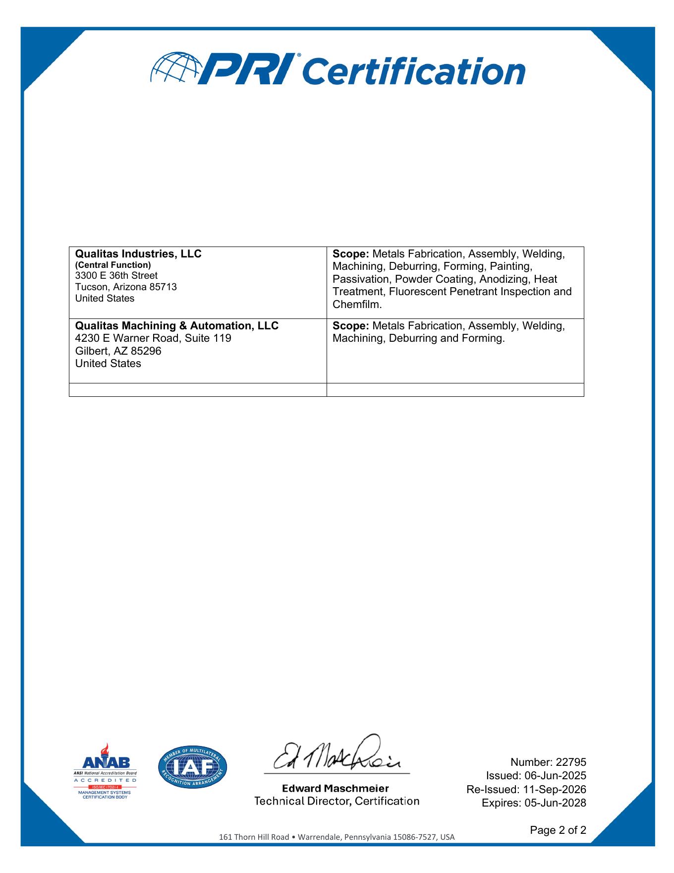 Qualitas Industries ISO 9001:2015 and AS9100D certificate, page 2